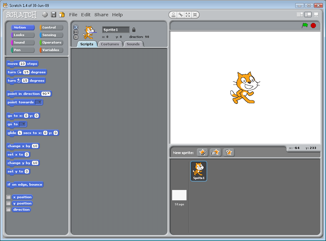Screenshot of Scratch when first started